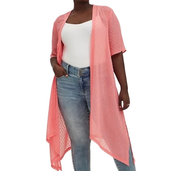 Torrid Women’s Plus Size Coral Pink Hi-Lo Clip Dot Open Kimono Sizes 1X 2X 3X 4X - Picture 2 of 14